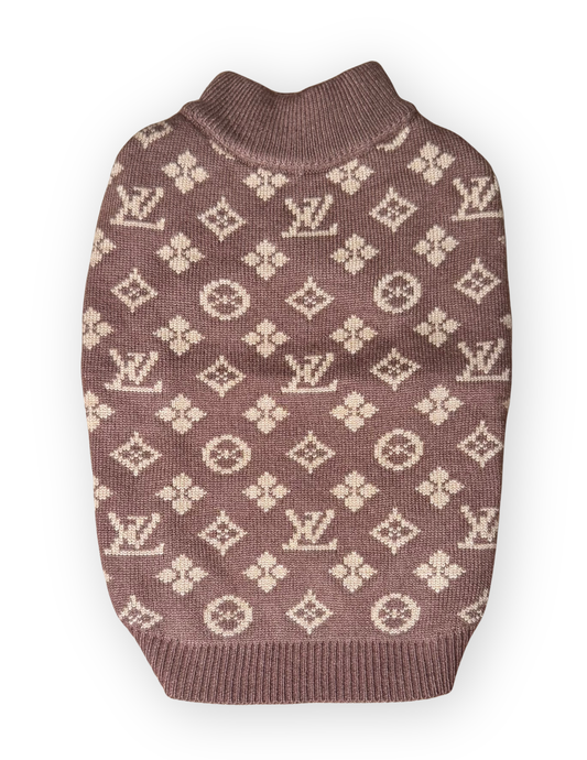 Furry Vuiton Truffle chocolate brown and tan knit dog sweater front view by The Pawster