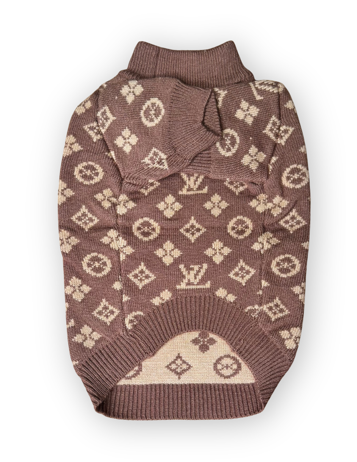 Furry Vuiton Truffle brown and tan monogram-inspired knit dog sweater back view by The Pawster