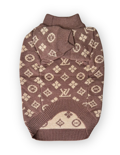 Furry Vuiton Truffle brown and tan monogram-inspired knit dog sweater back view by The Pawster