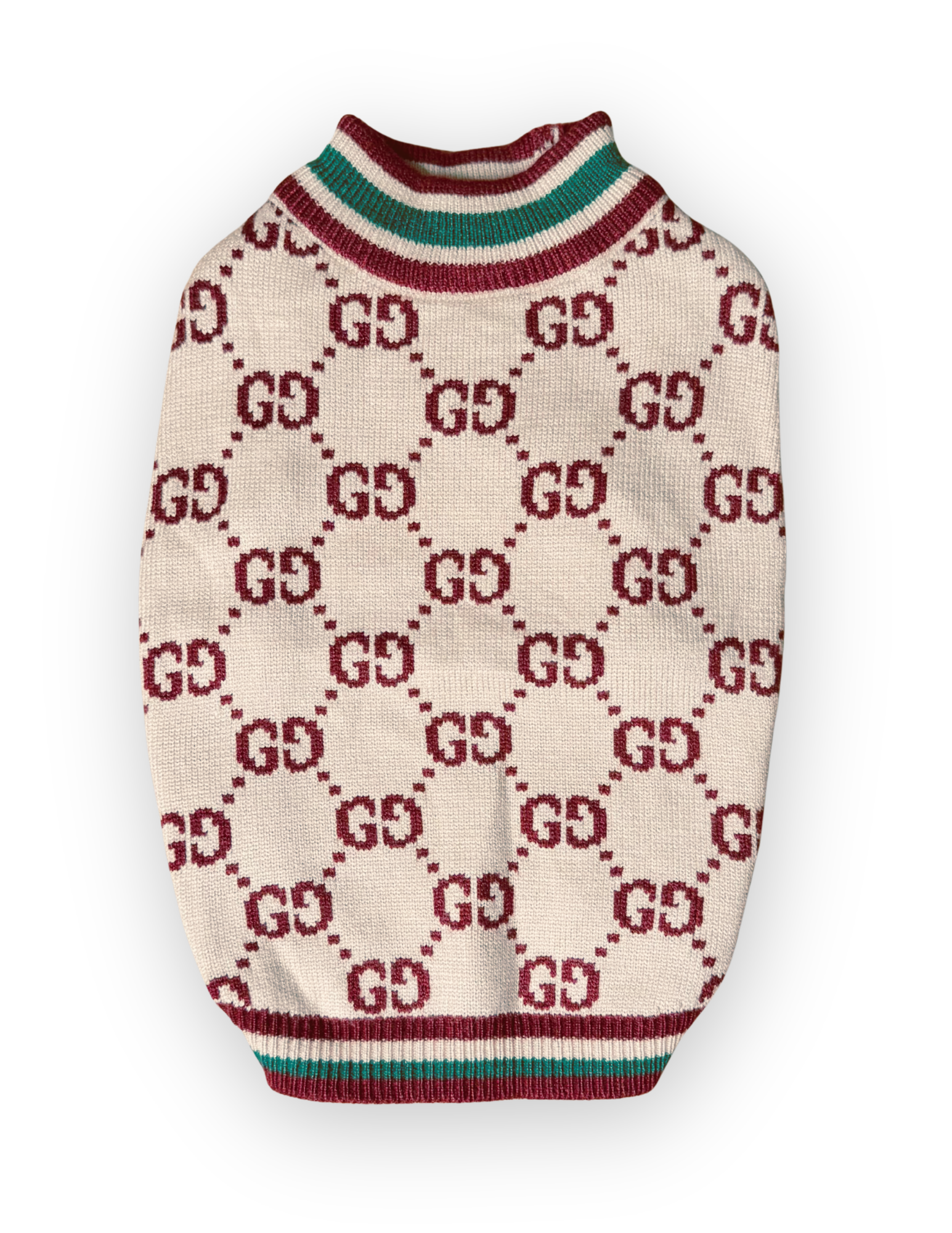 Grrrci Hampton beige monogram-inspired knit dog sweater back view by The Pawster