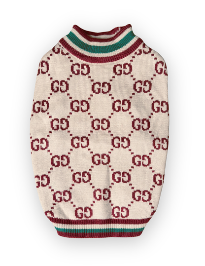 Grrrci Hampton beige monogram-inspired knit dog sweater back view by The Pawster