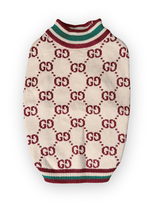 Grrrci Hampton beige monogram-inspired knit dog sweater back view by The Pawster