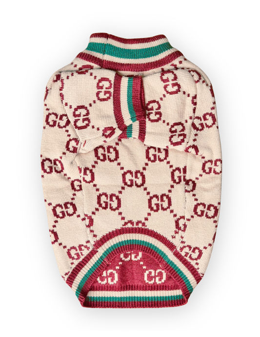 Grrrci Hampton beige monogram-inspired knit dog sweater back view by The Pawster