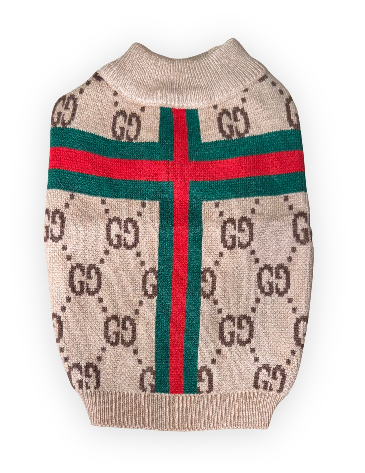 Grrrci Torino tan knit dog sweater with green and red stripe details front view by The Pawster