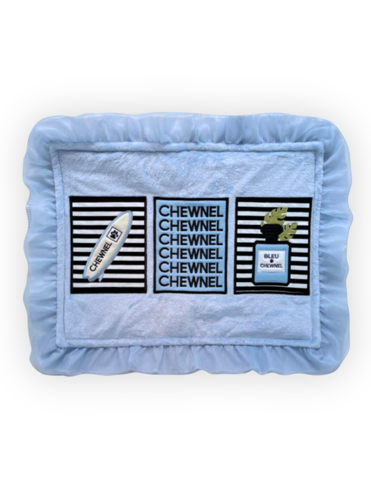 Chewnel embroidered dog mat with decorative trim