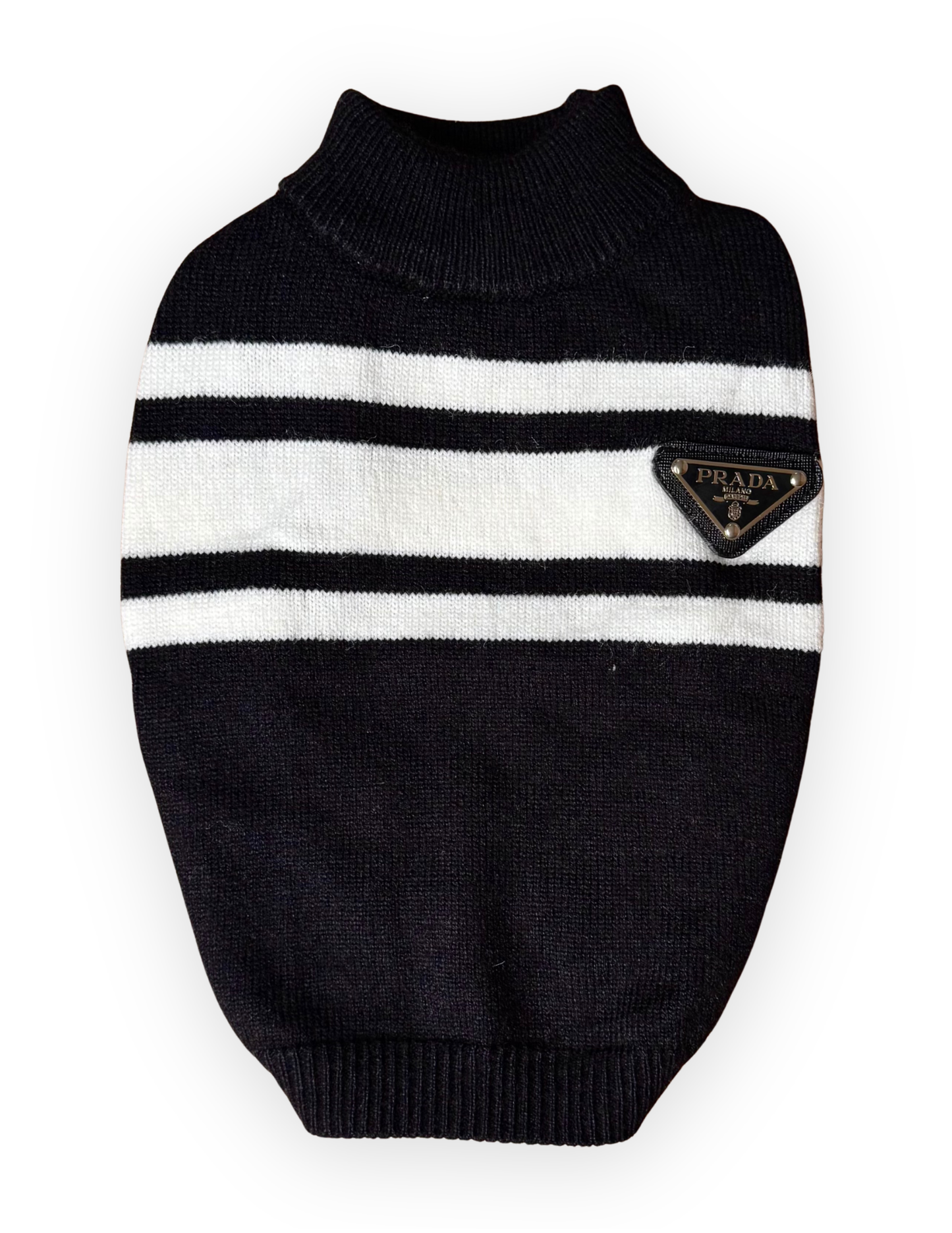 Pawda Milano black and white striped knit dog sweater front view by The Pawster