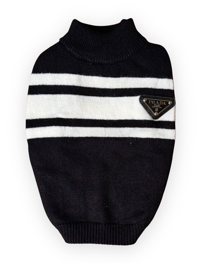 Pawda Milano black and white striped knit dog sweater front view by The Pawster