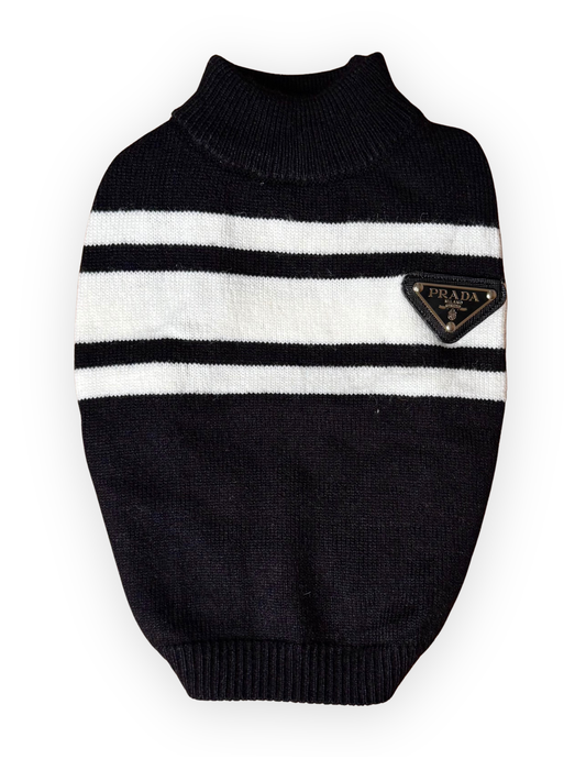 Pawda Milano black and white striped knit dog sweater front view by The Pawster