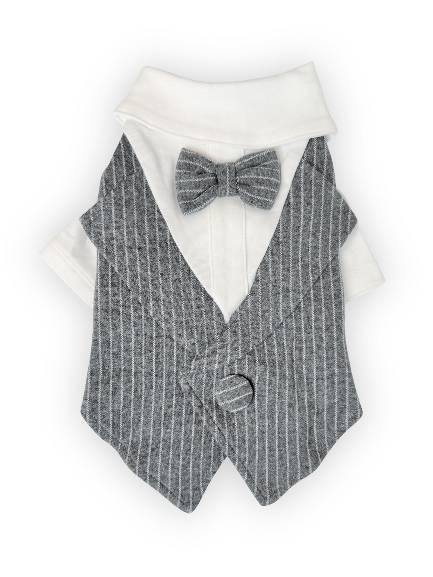 Back view of Pawster dark gray dog tuxedo with soft fabric and formal style