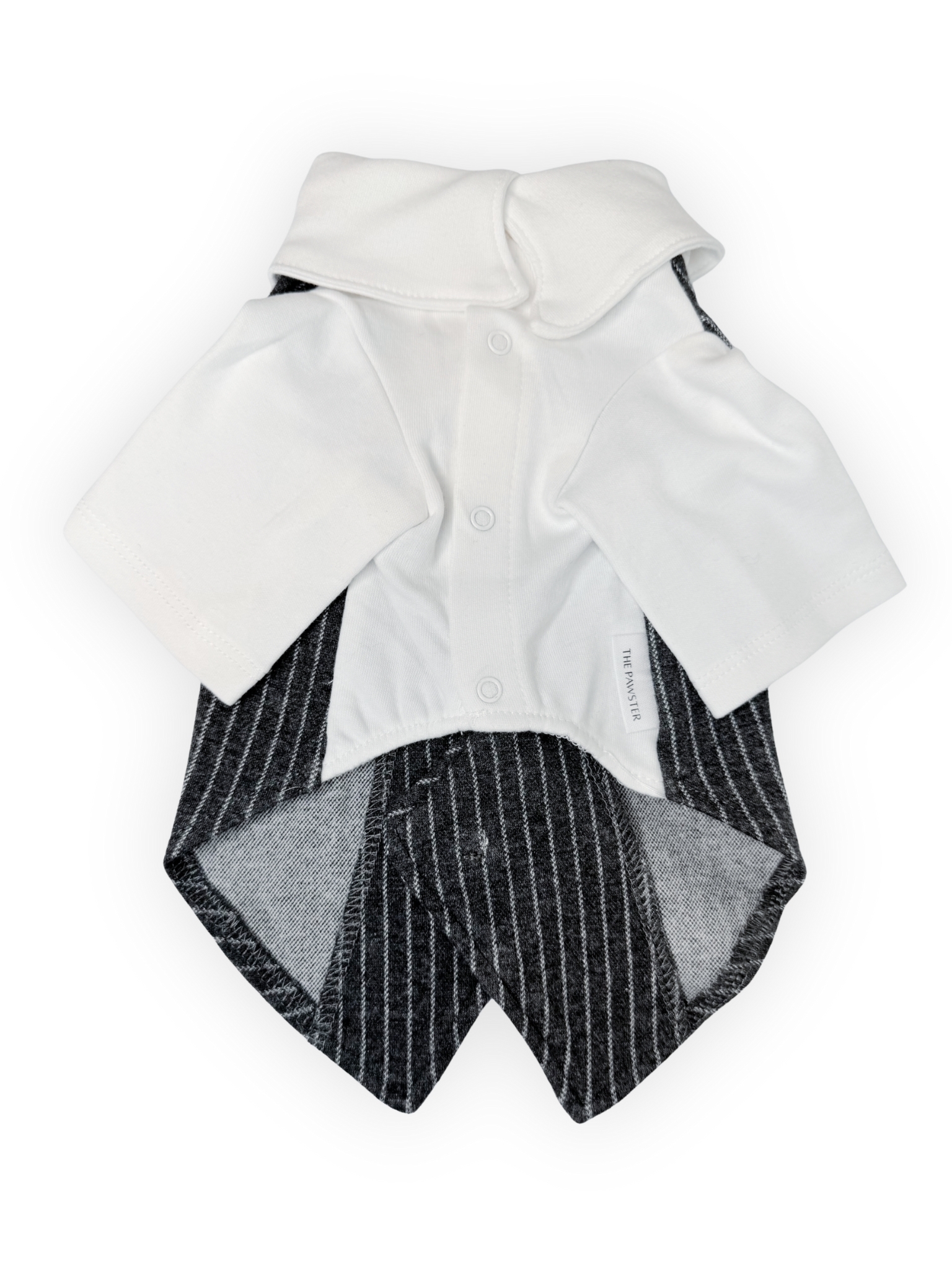 Front view of Pawster dark gray stretchy dog tuxedo with snap button closure