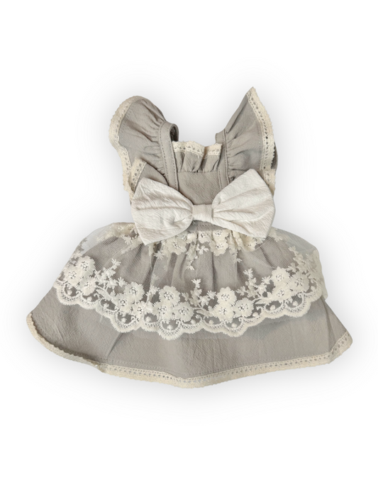 Front view of Pawster Sweet Olive Dog Dress with gem accent and ruffle sleeves