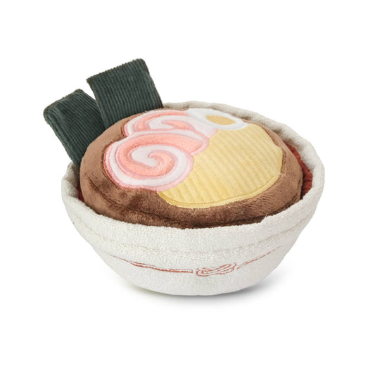 Lambwolf Collective ramen bowl dog toy with treat-hiding slots, squeaky noodle base, and crinkly seaweed