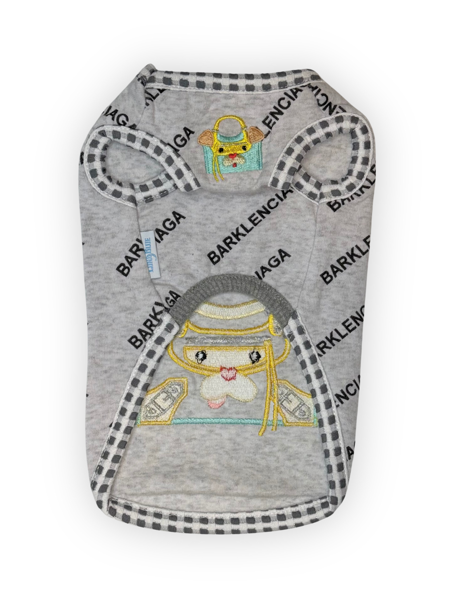 The Pawster Luna Blue Barklenciaga City Dog Tank front view with embroidered bag