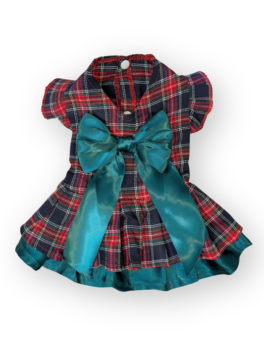 The Pawster Park Avenue Plaid Dress in Blue – back view with oversized bow and plaid layers