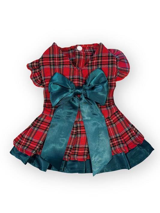 The Pawster Park Avenue Plaid Dress in Red – back view with oversized bow and plaid layers