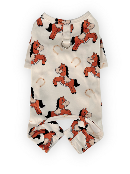 The Pawster Stable Snuggles dog onesie with horse and horseshoe print, soft fleece fabric, and D-ring on back