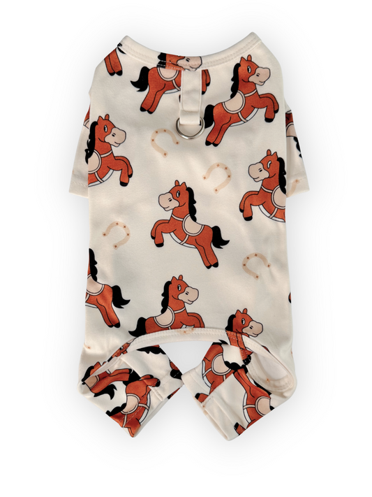 The Pawster Stable Snuggles dog onesie with horse and horseshoe print, soft fleece fabric, and D-ring on back