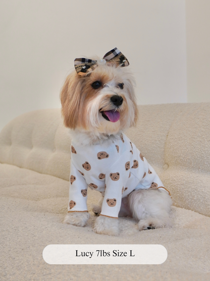 Lucy, a 7lb dog, wearing a size L teddy bear print dog top from The Pawster