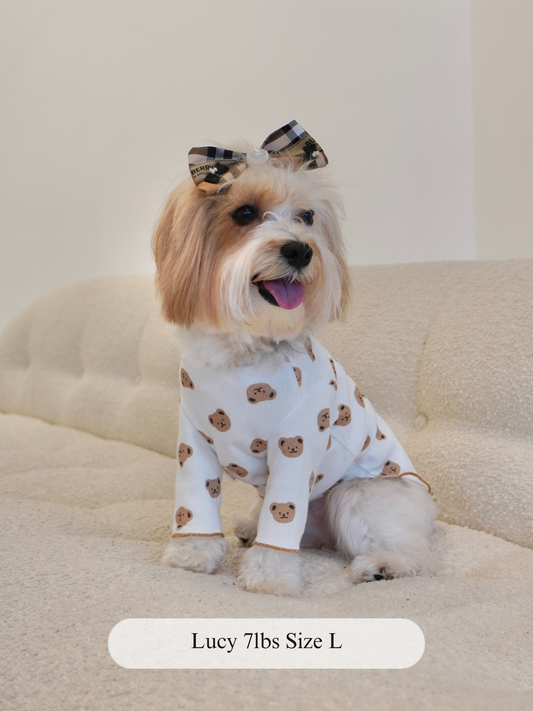 Lucy, a 7lb dog, wearing a size L teddy bear print dog top from The Pawster