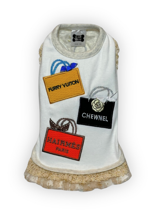 The Shopaholic Dress – limited edition designer-inspired dog dress with embroidered Furry Vuiton, Chewnel, and Hairmès shopping bags – The Pawster