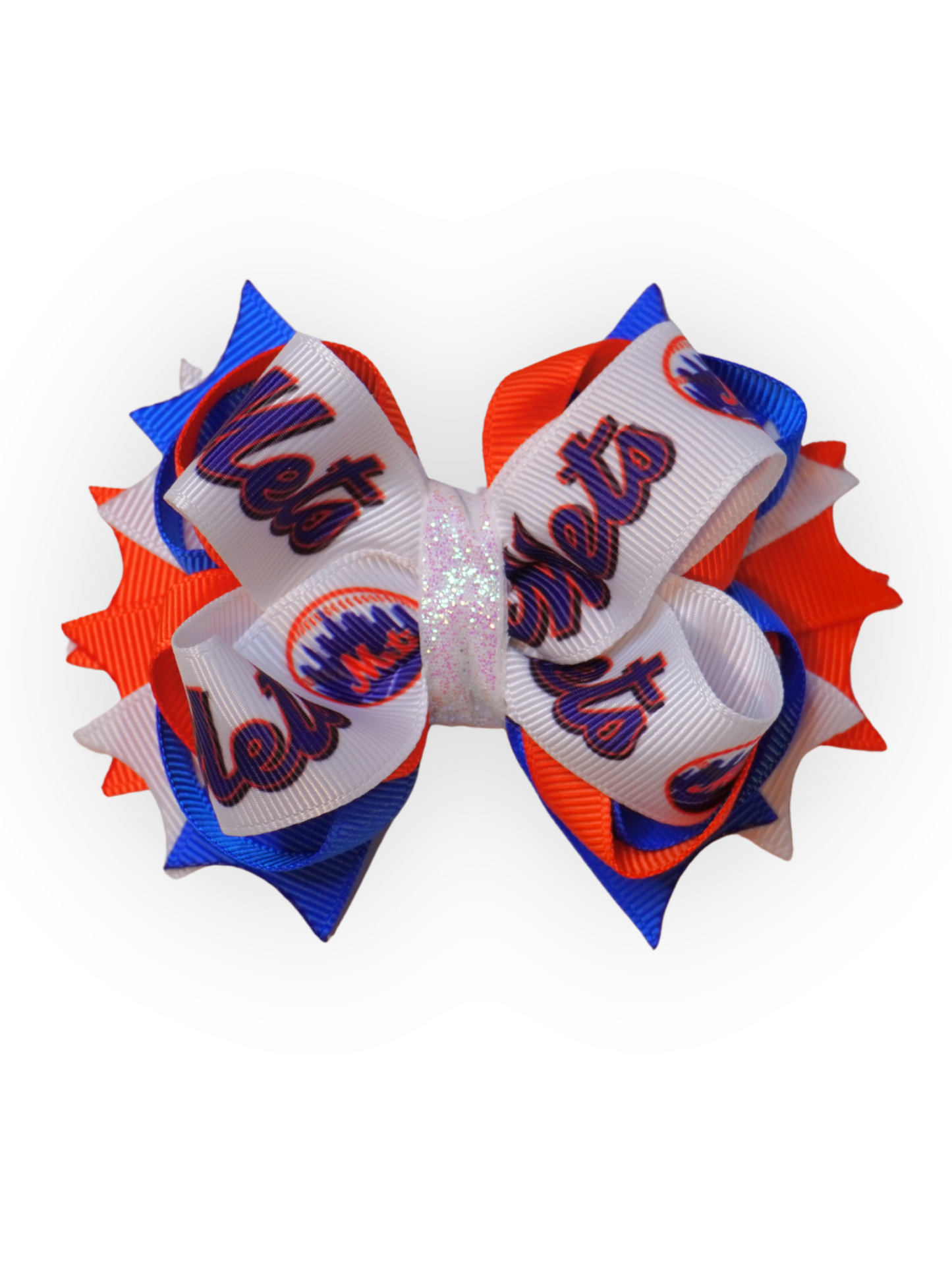 Handmade Mets-inspired bow with orange, blue, and white layered ribbon and glitter center for dogs, kids, and adults