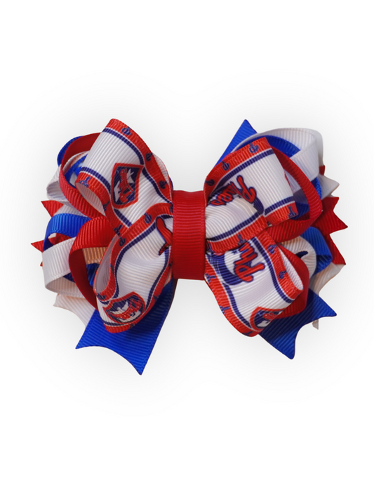 Handmade Phillies-inspired hair bow in red, white, and blue grosgrain ribbon for dogs, kids, and adults