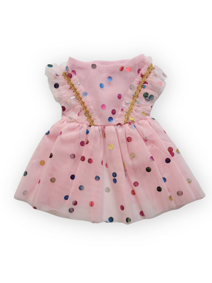 Back view of Confetti Dreams Birthday Dog Dress with stretch waistband