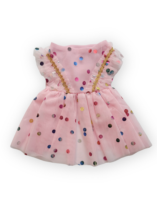 Back view of Confetti Dreams Birthday Dog Dress with stretch waistband