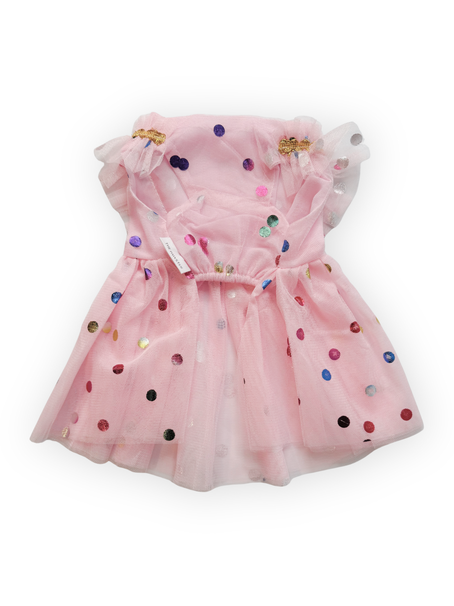 Front view of The Pawster Confetti Dreams Birthday Dog Dress in sheer pink tulle with gold trim