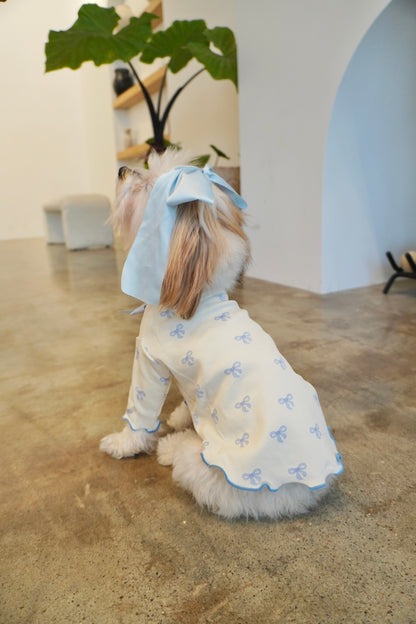 Back view of small dog wearing cream ribbed dog top with blue bow print and scalloped ruffle hem, styled with large satin blue bow on head.