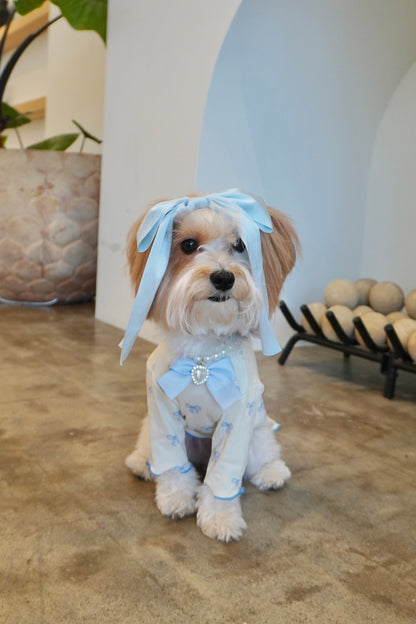 Small dog wearing a cream ribbed dog top with baby blue bow print, satin bow on chest, and pearl heart charm necklace. Styled with long blue satin hair ribbons, seated indoors.