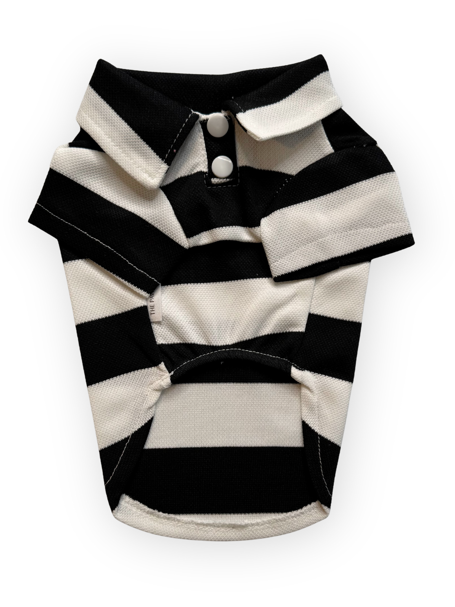 The Pawster Country Club Polo Dog Top in black with stripes and collar