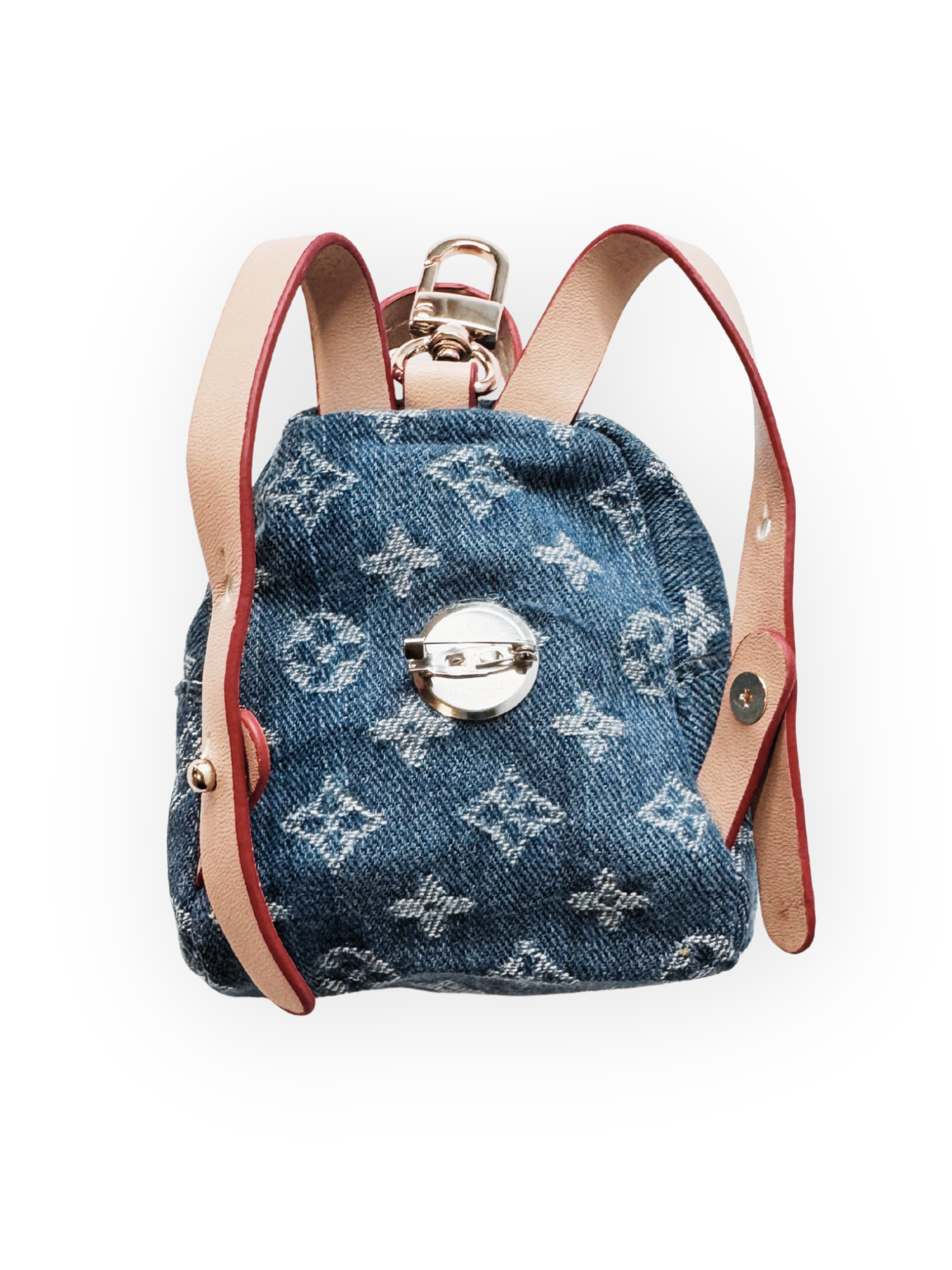 Back view of Furry Vuiton Backpack Poop Bag Holder with pin attachment