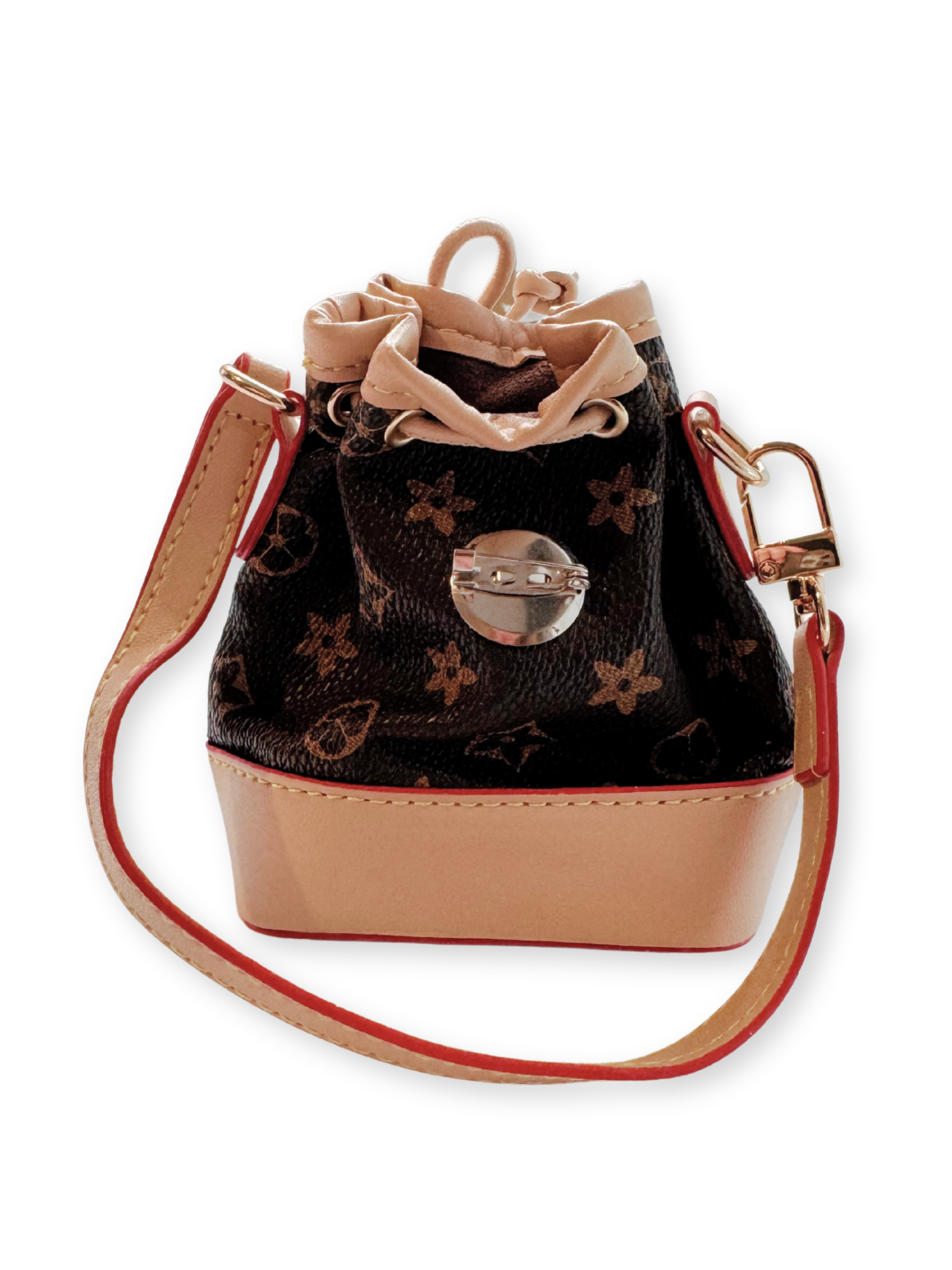 Detail of Pawster Furry Vuiton mini bucket bag for poop bag storage