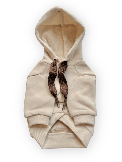 back Beige Furry Vuiton Dog Hoodie with off-center logo (Sand)