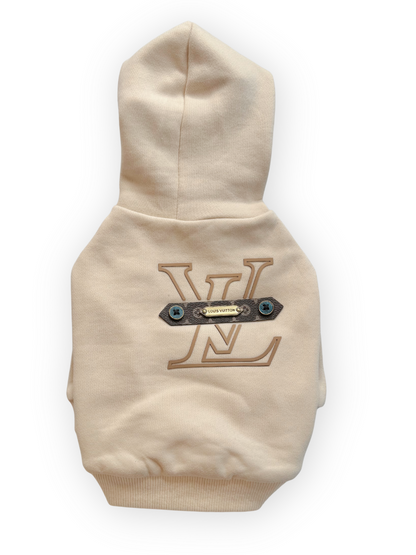 Beige Furry Vuiton Dog Hoodie with off-center logo (nude)