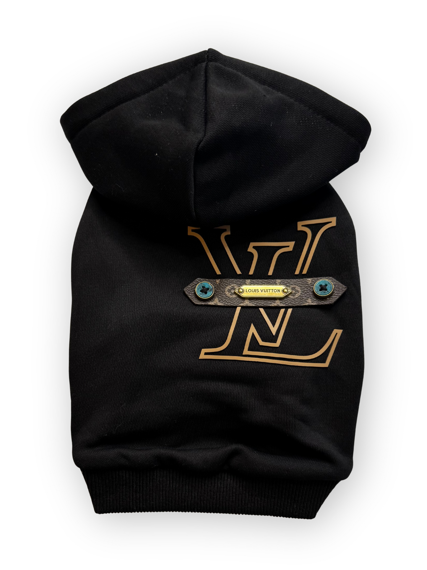 Furry Vuiton Dog Hoodie by The Pawster with off-center logo in black (Onyx)
