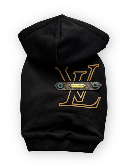Furry Vuiton Dog Hoodie by The Pawster with off-center logo in black (Onyx)