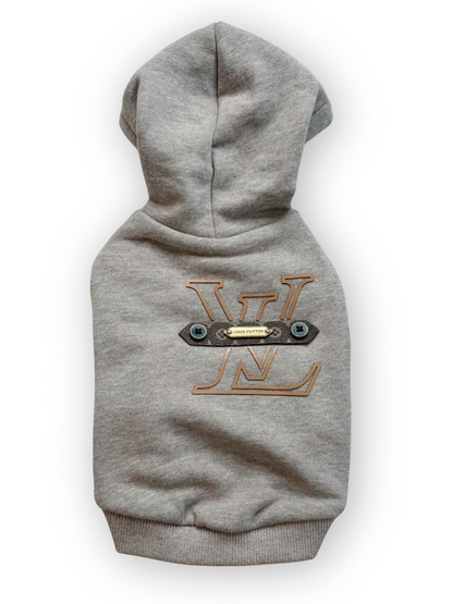 Gray Furry Vuiton Dog Hoodie with off-center logo (Ash)