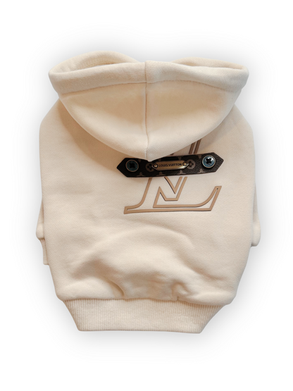 Beige Furry Vuiton Dog Hoodie with off-center logo nude