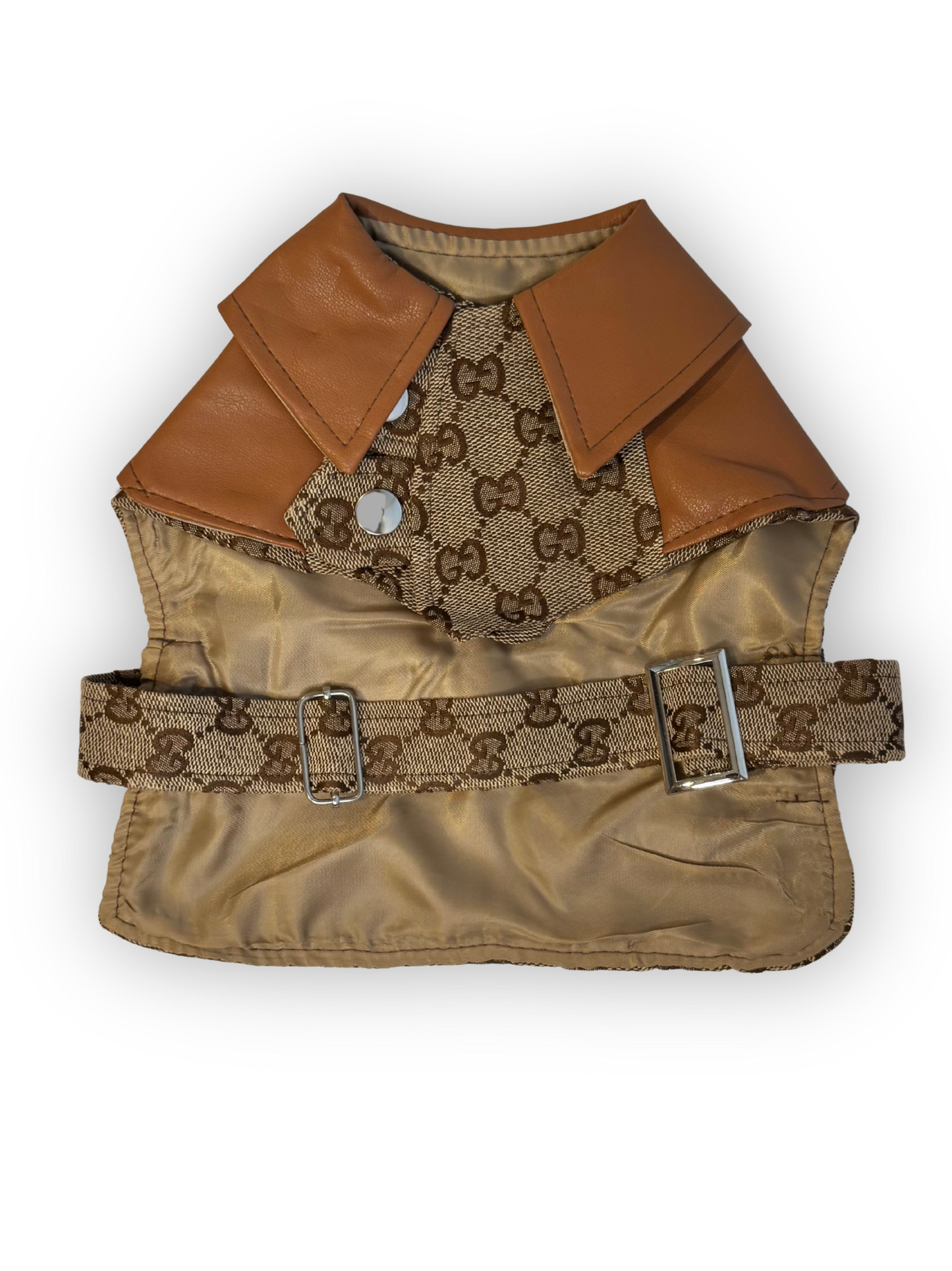 The Pawster Grrrci Trenchcoat for Dogs – Structured Front View with Faux Leather Collar