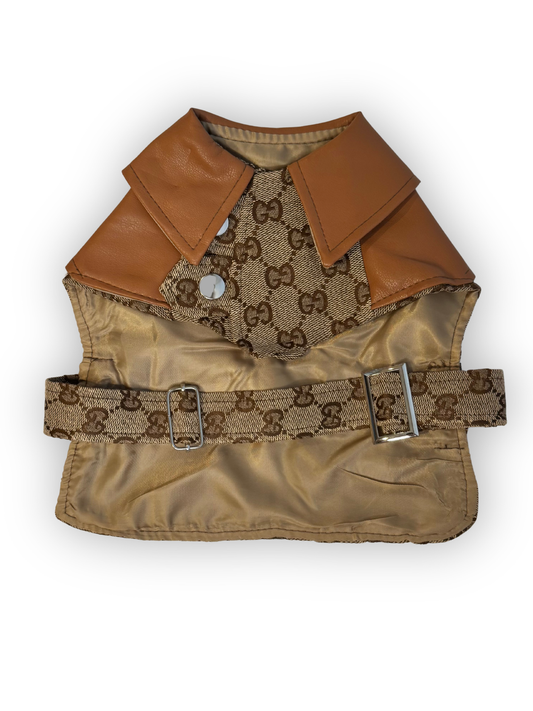 The Pawster Grrrci Trenchcoat for Dogs – Structured Front View with Faux Leather Collar