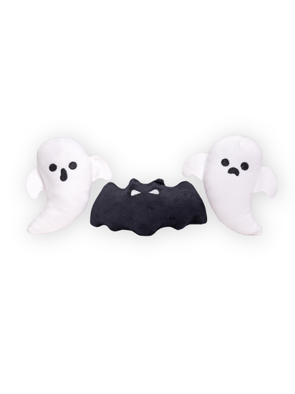 Detail of squeaky ghosts and spooky bat from Haunted Tree Dog Toy
