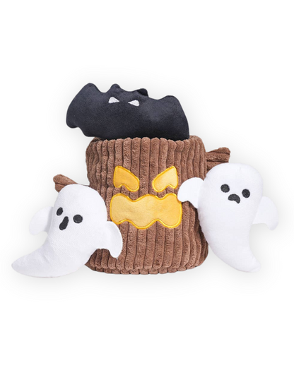 Front view of The Pawster Haunted Tree Halloween Dog Toy with ghosts and bat