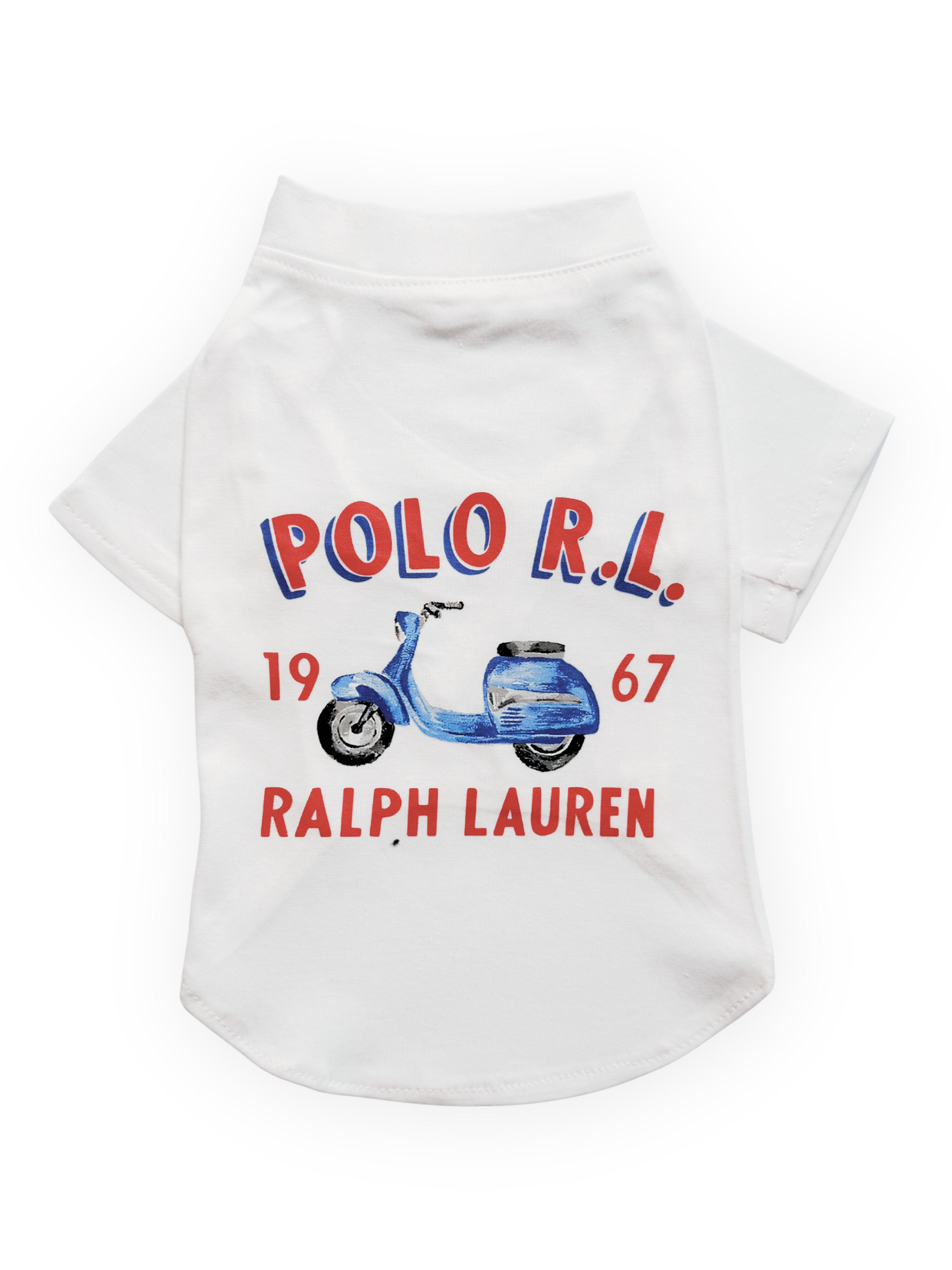 Front view of The Pawster Heritage Rider Tee with red and blue moped design