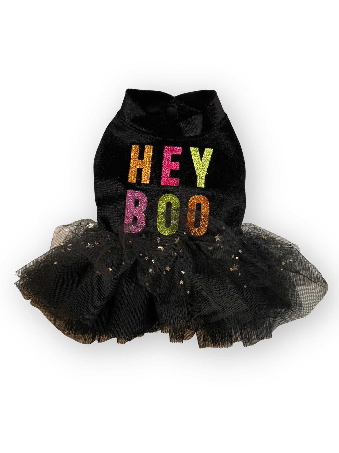 Back view of Hey Boo Dog Dress with layered tulle skirt
