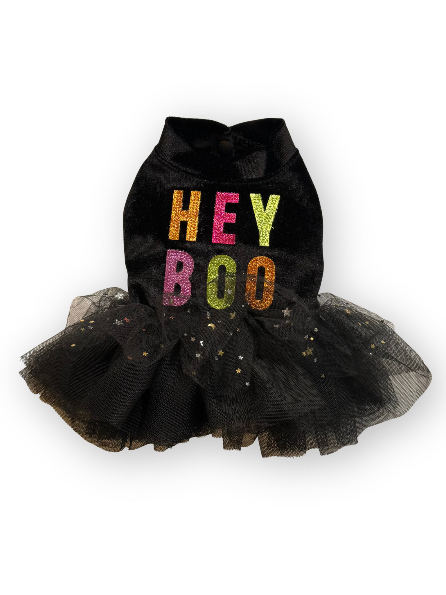 Back view of Hey Boo Dog Dress with layered tulle skirt