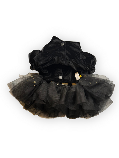 Front view of The Pawster Hey Boo Halloween Dog Dress with velvet top and colorful lettering