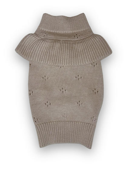 A brown, sleeveless knitted pet sweater with a high neck and ruffle trim.