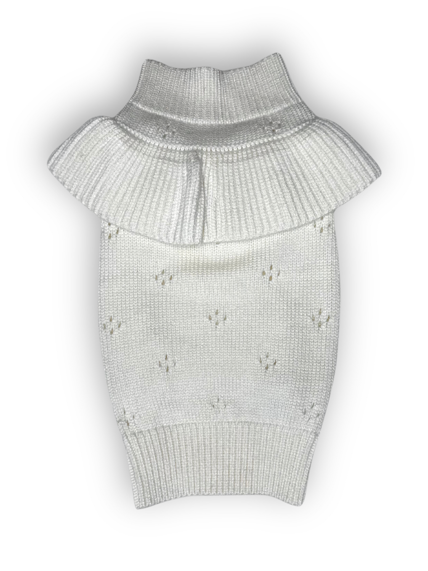 A white, sleeveless knitted pet sweater with a high neck and ruffle trim.